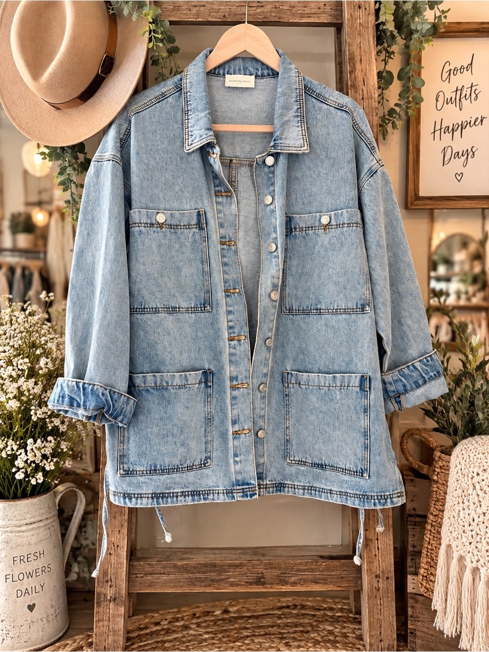 Women's Light Blue Oversized Denim Jacket with Patch Pockets